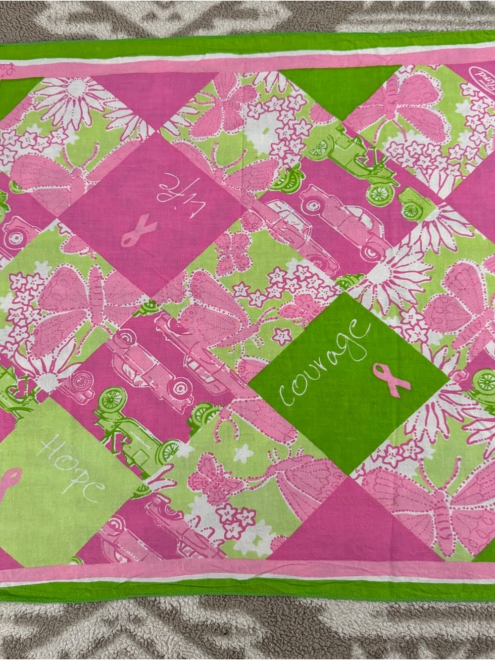 Lilly Pulitzer Pink & Lime Green Cancer Courage Patchwork Quilt Floral Scarf